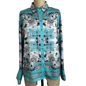 Rachel Zoe Satin Blouse Long-Sleeve Button-Down Blue Paisley Print